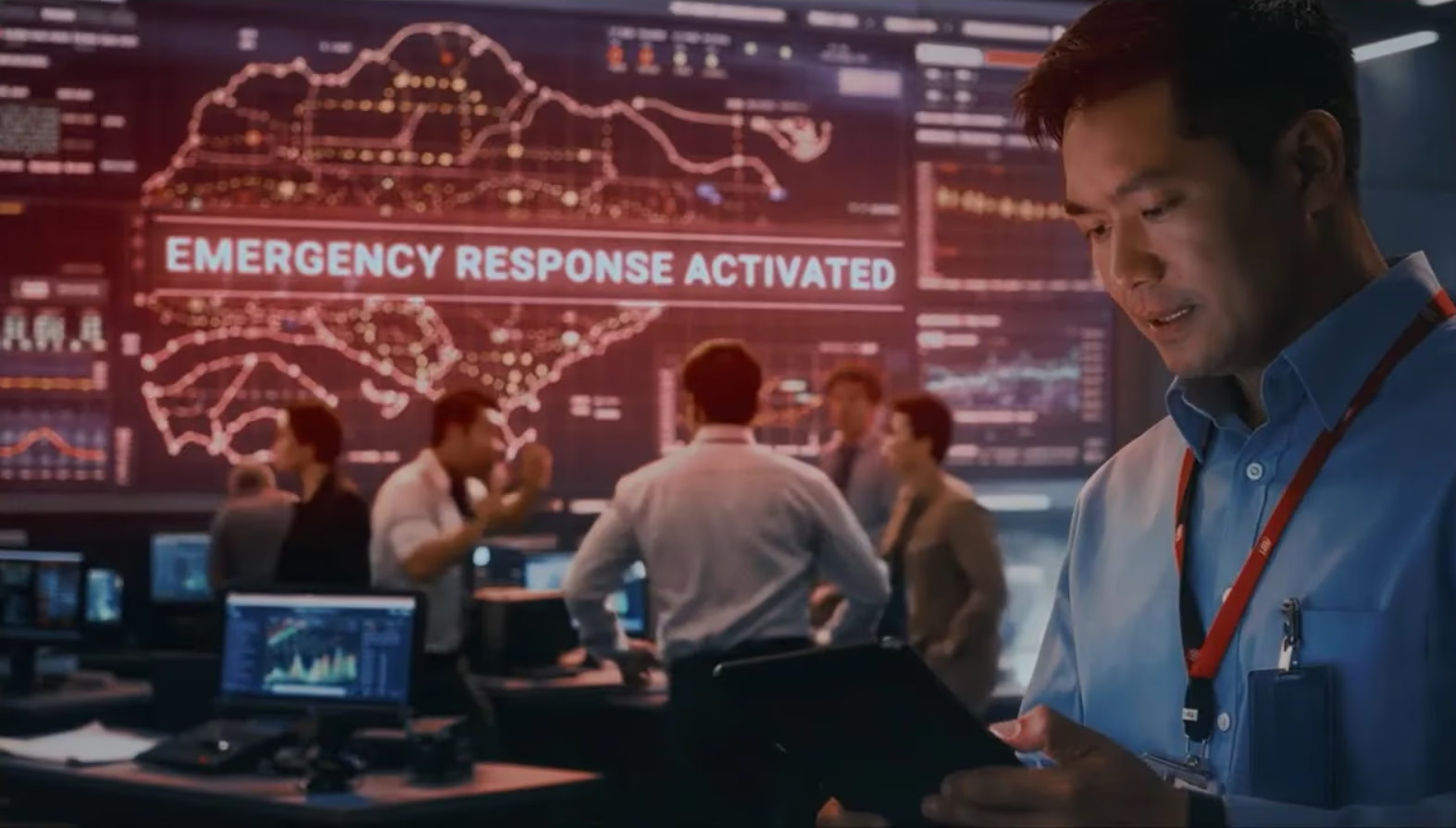 A man holding a tablet. The background reads "Emergency Response Activated".